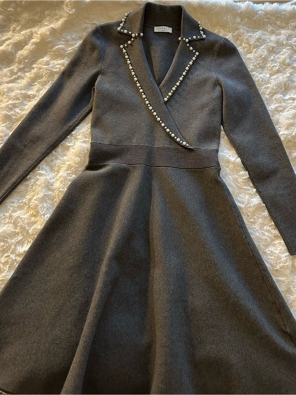 Elegant Sandro Dark Gray Pearl-Trim Knit Dress